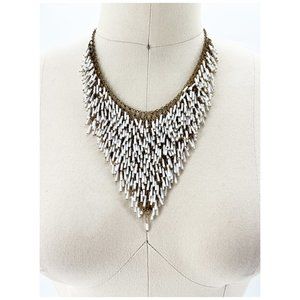 CASCADING FRINGE WHITE BEADED AFRICAN BOHO FASHION BIB STATEMENT NECKLACE